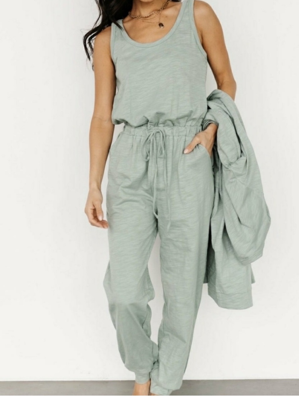 Baltic Born Janae Jumpsuit Sleeveless Joggers Cinch Waist Sage Green ZL